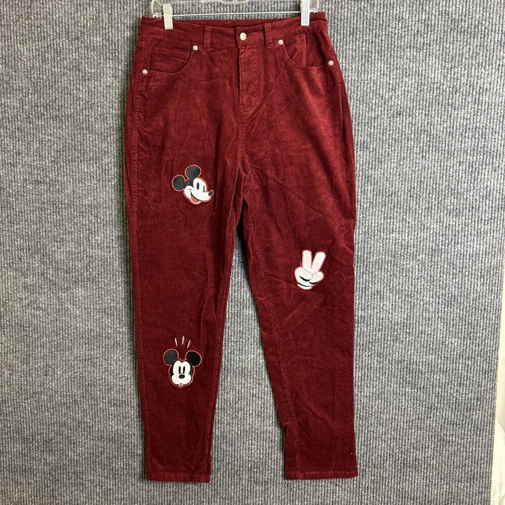 Disney High Rise Corduroy Pants Juniors Size 9 Maroon Patched Mickey Mouse